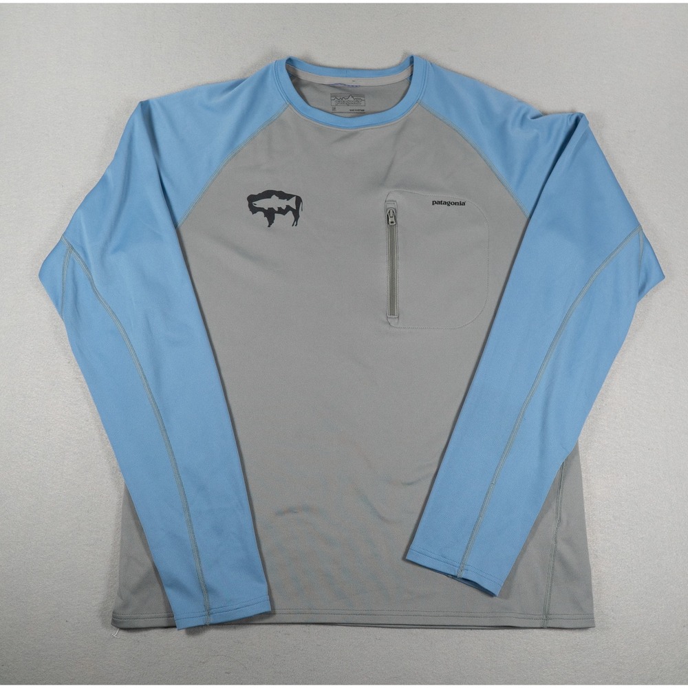 Patagonia Mens Sunshade Crew Sun Shirt Bison Fish Grey Blue Size M Gorpcore